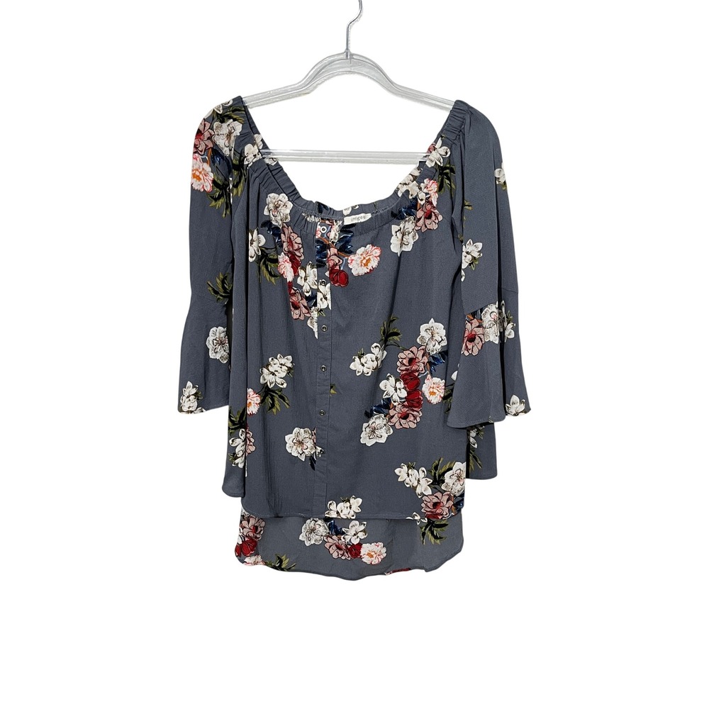 Umgee Floral Blouse Womens Large Blue Off Shoulder Bell Sleeve Boho G0956